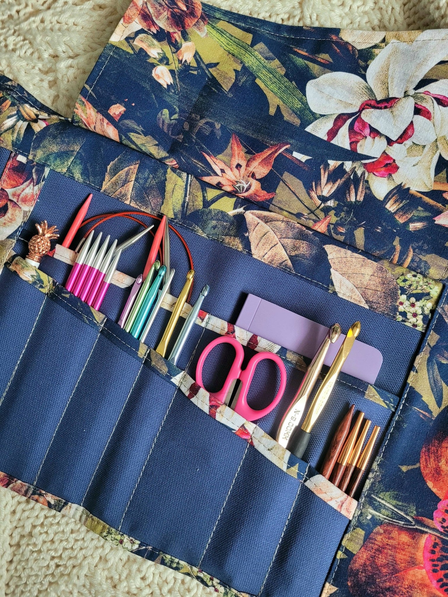 Cotton canvas artist roll. Knitting and crochet tool organizer.