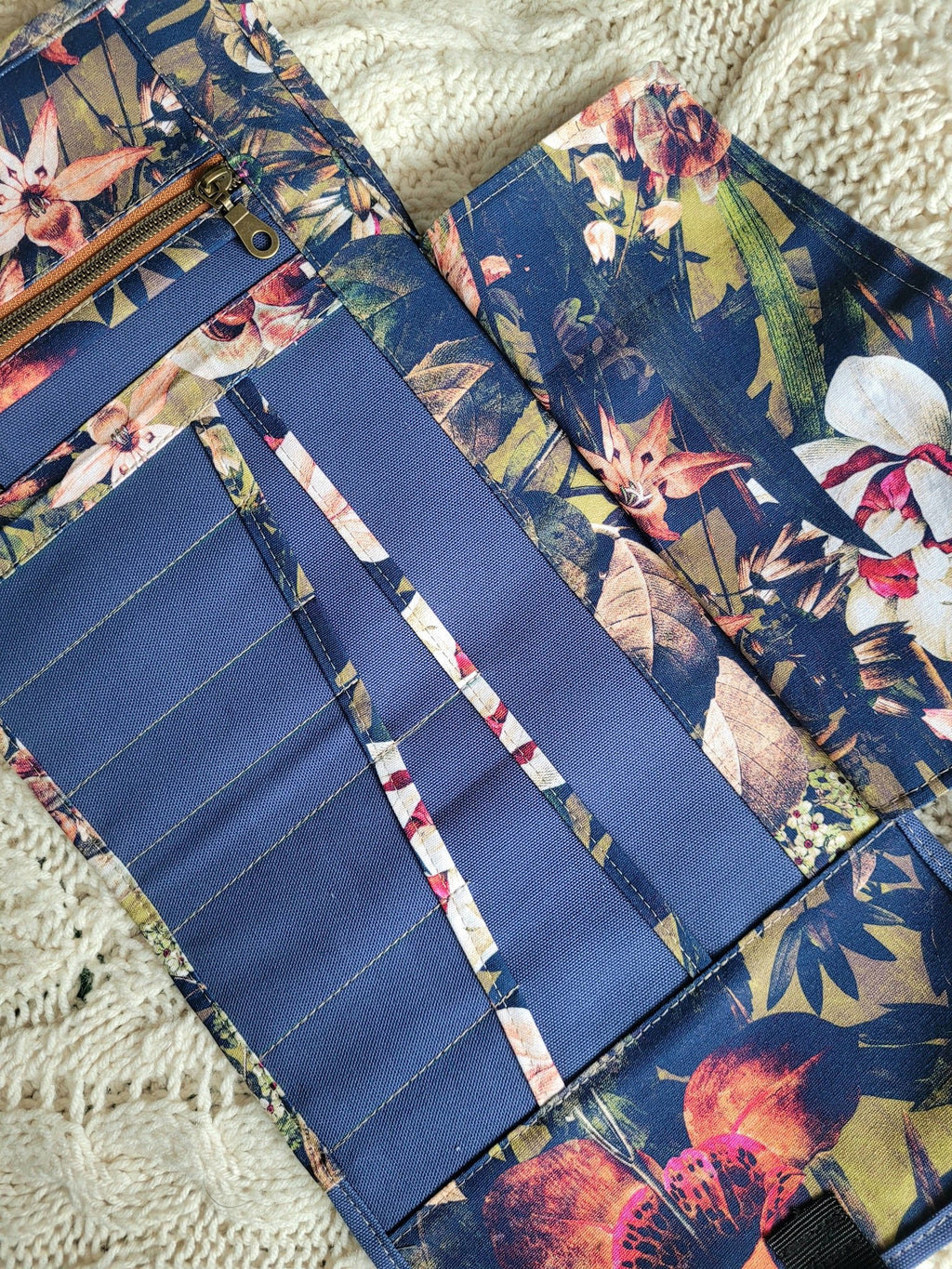 Cotton canvas artist roll. Knitting and crochet tool organizer.