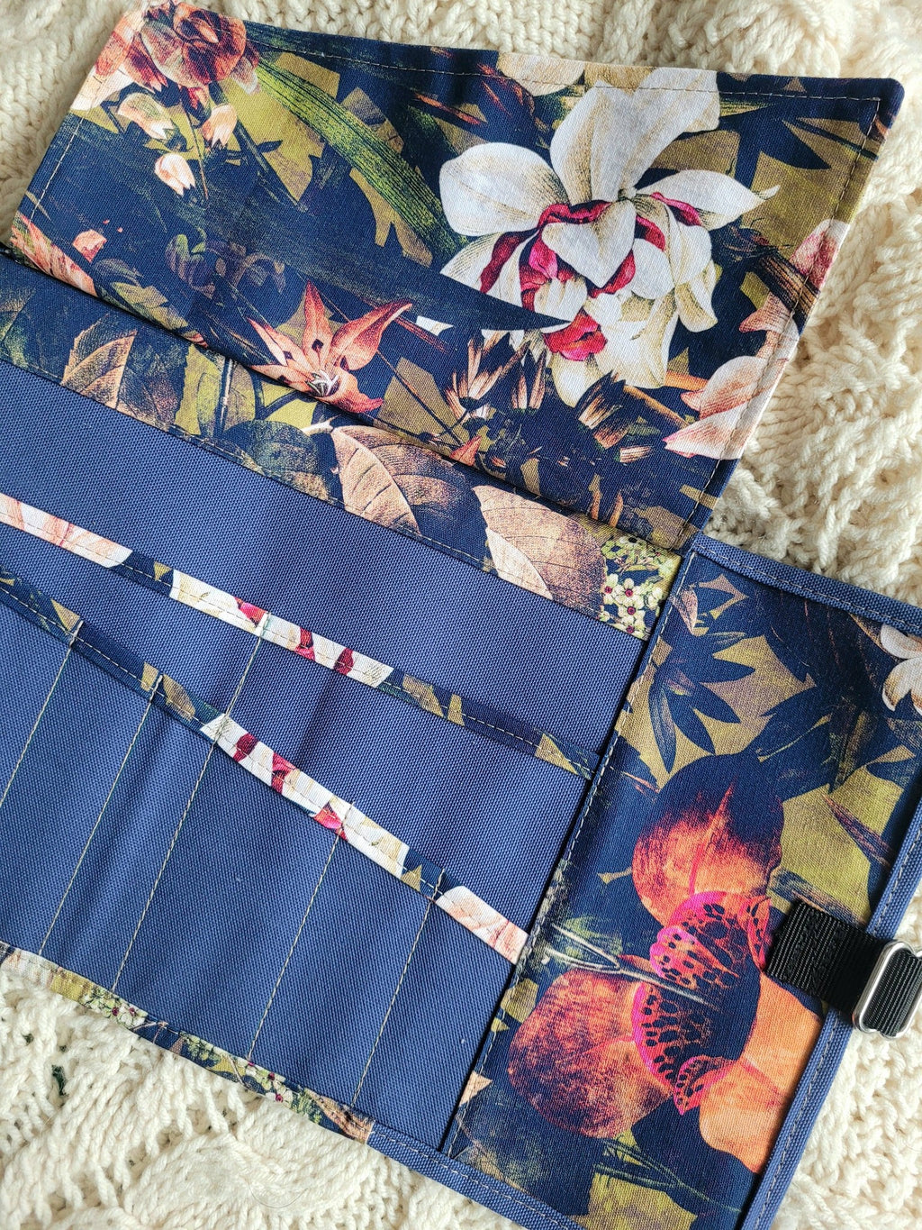 Cotton canvas artist roll. Knitting and crochet tool organizer.