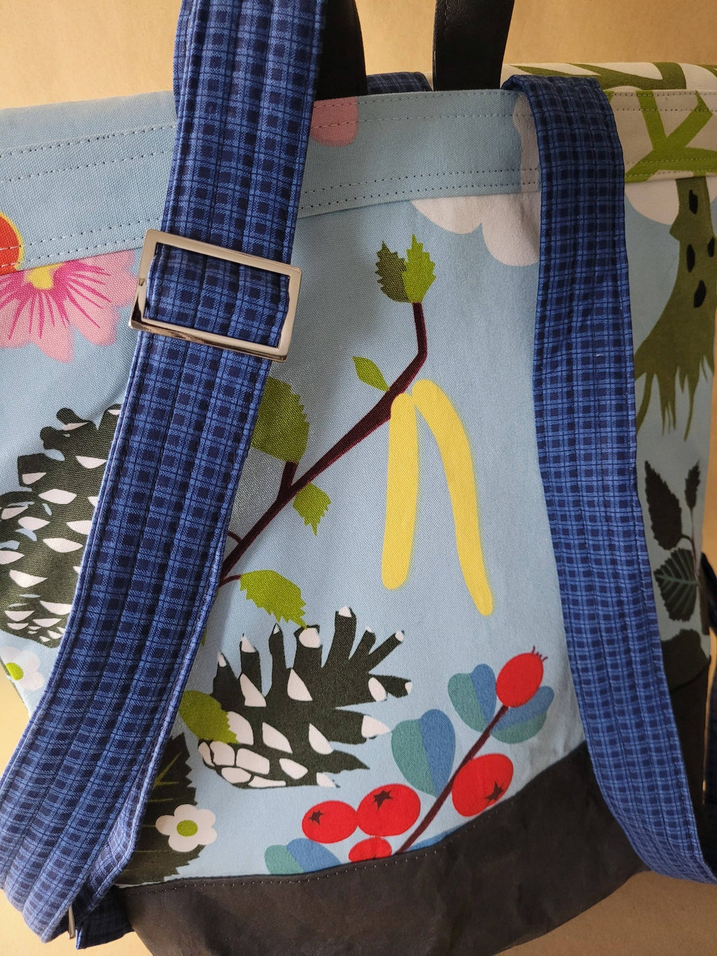 Floral canvas backpack.