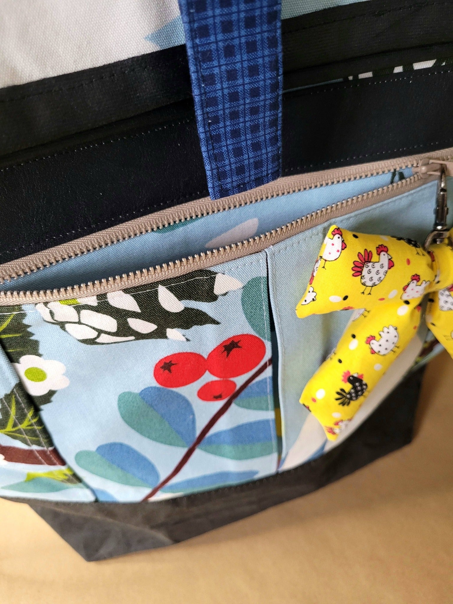 Floral canvas backpack.
