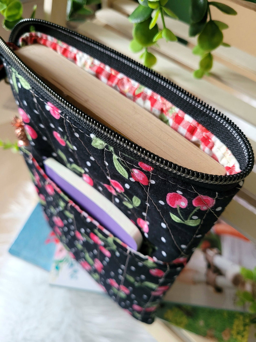 Cherry and strawberry picnic book sleeve, medium.