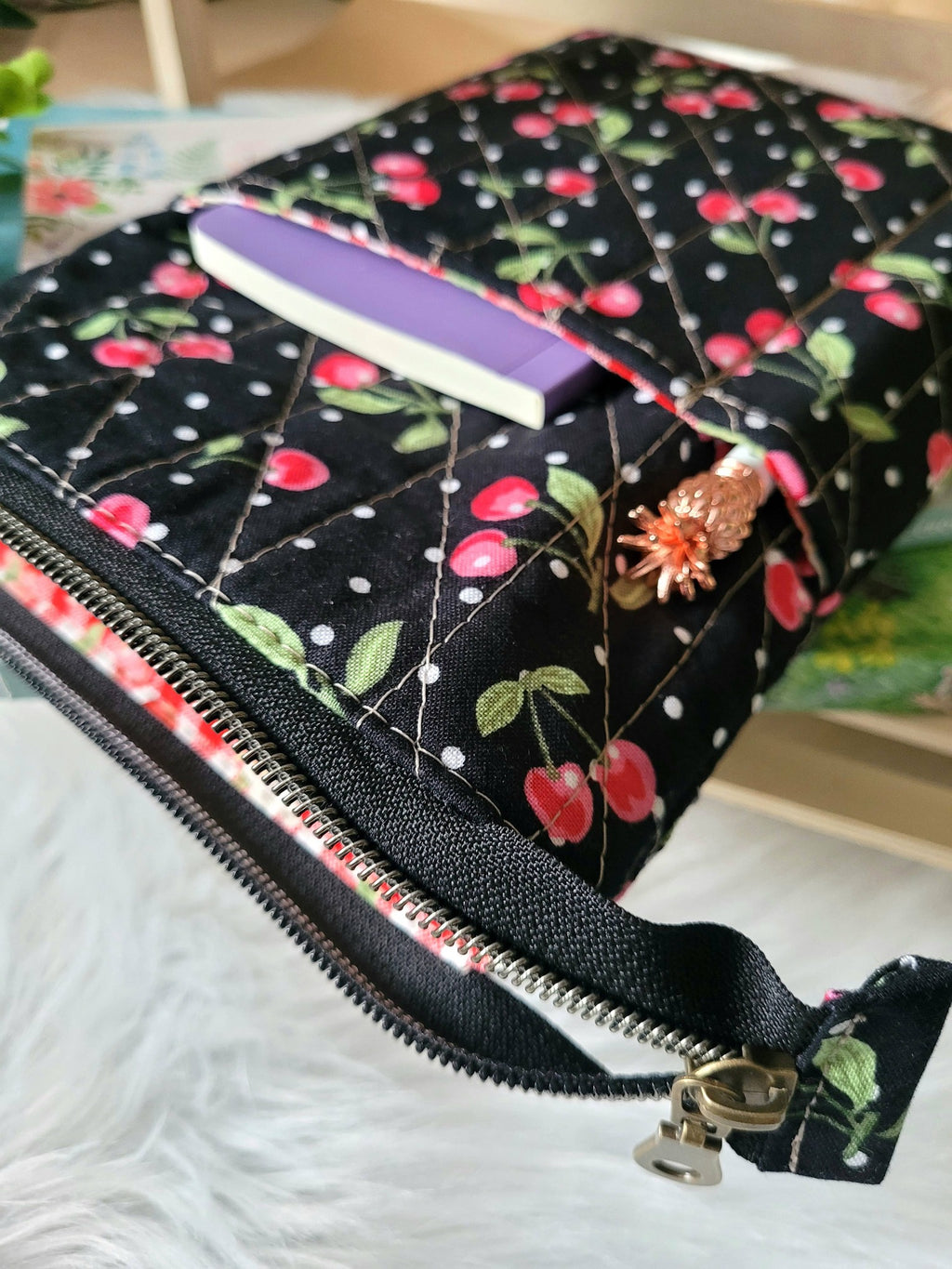 Cherry and strawberry picnic book sleeve, medium.