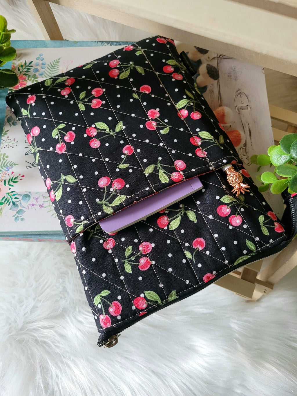 Cherry and strawberry picnic book sleeve, medium.