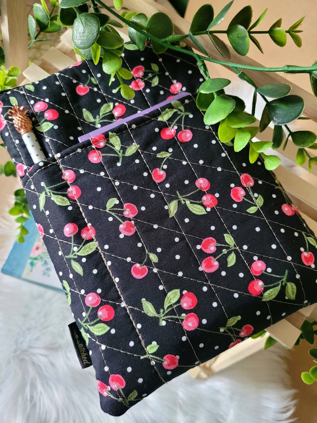 Cherry and strawberry picnic book sleeve, medium.
