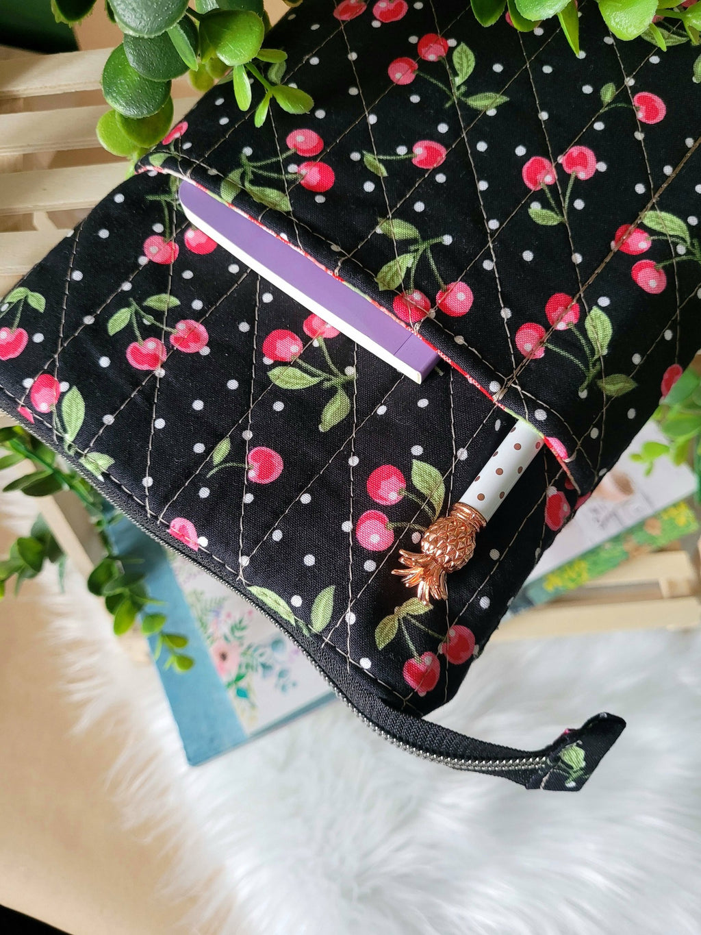 Cherry and strawberry picnic book sleeve, medium.