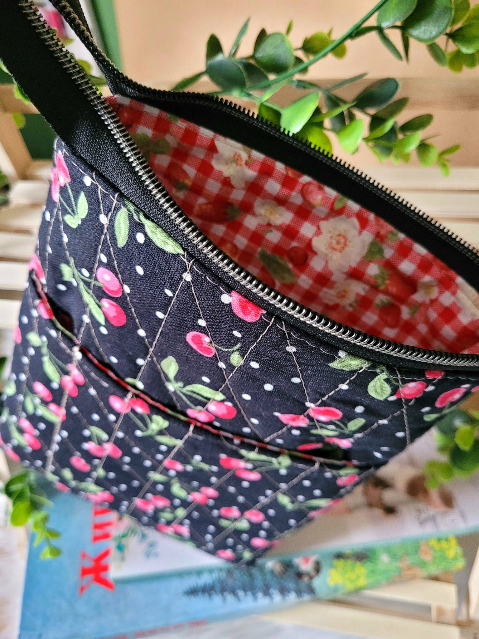 Cherry and strawberry picnic book sleeve, medium.