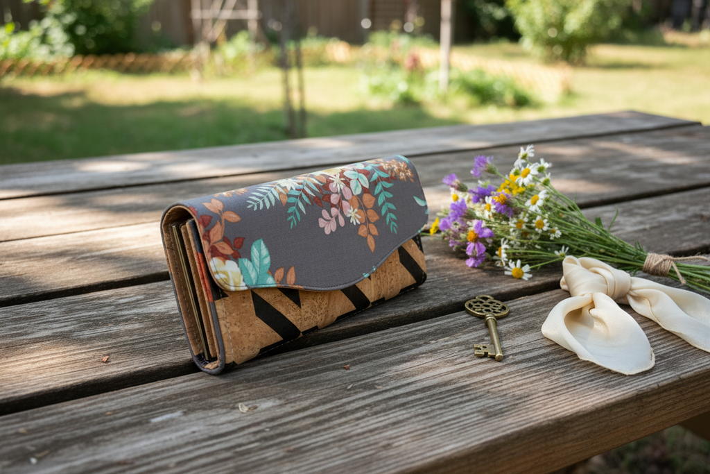 Everyday Ladies Wallet Geometric Floral in an outdoor rustic setting