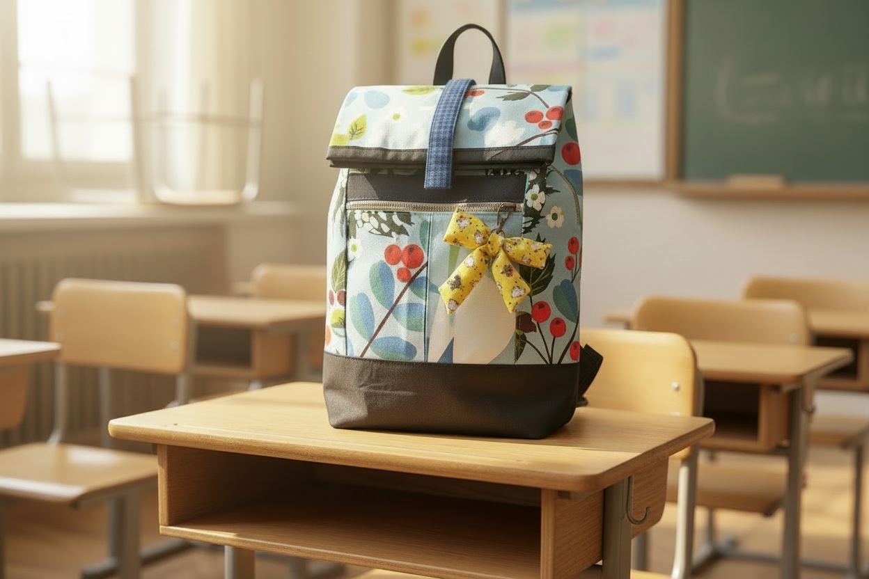 Floral canvas backpack with blue fabric straps and black leather handle