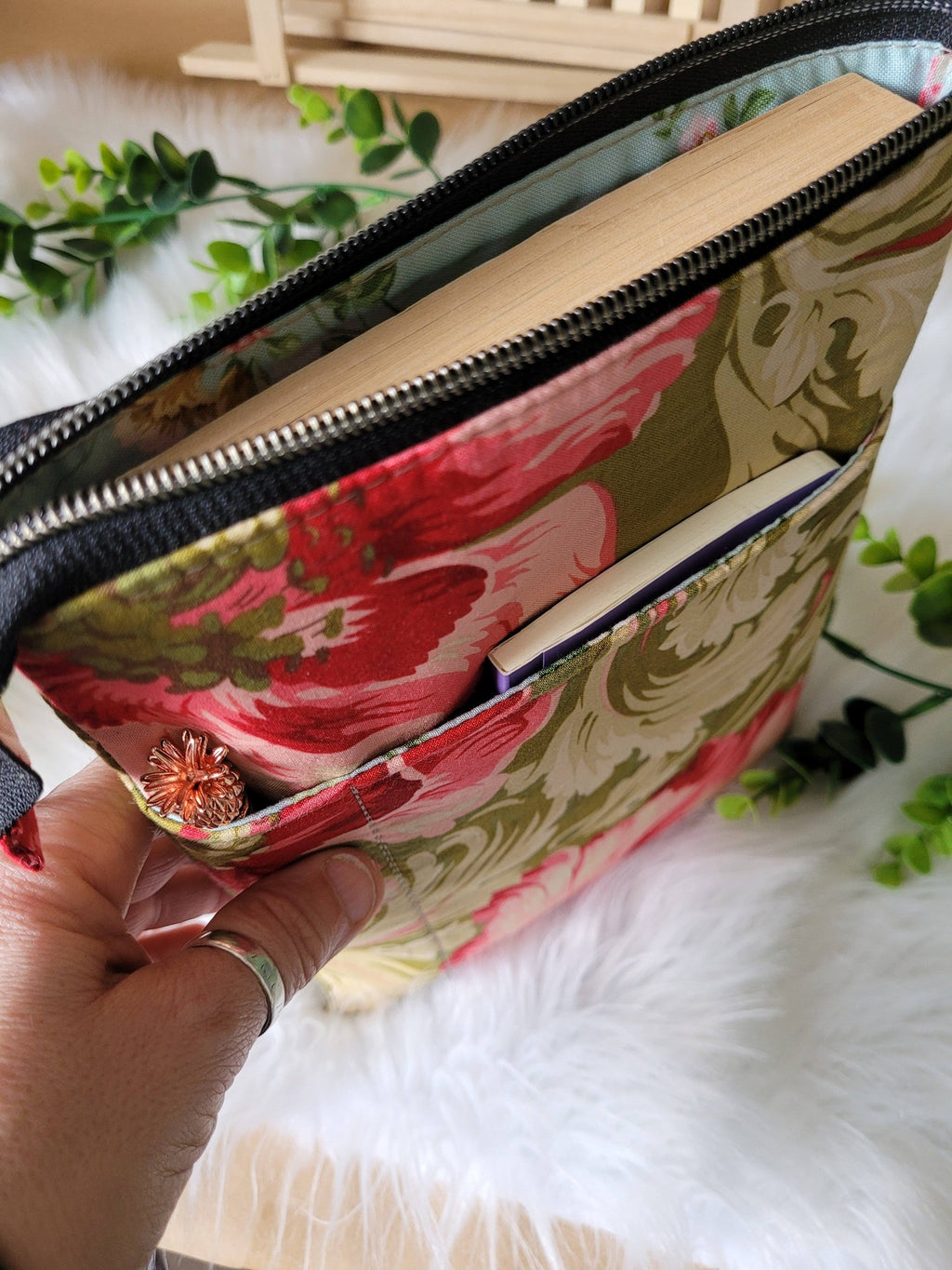 Pink peony book sleeve, medium.