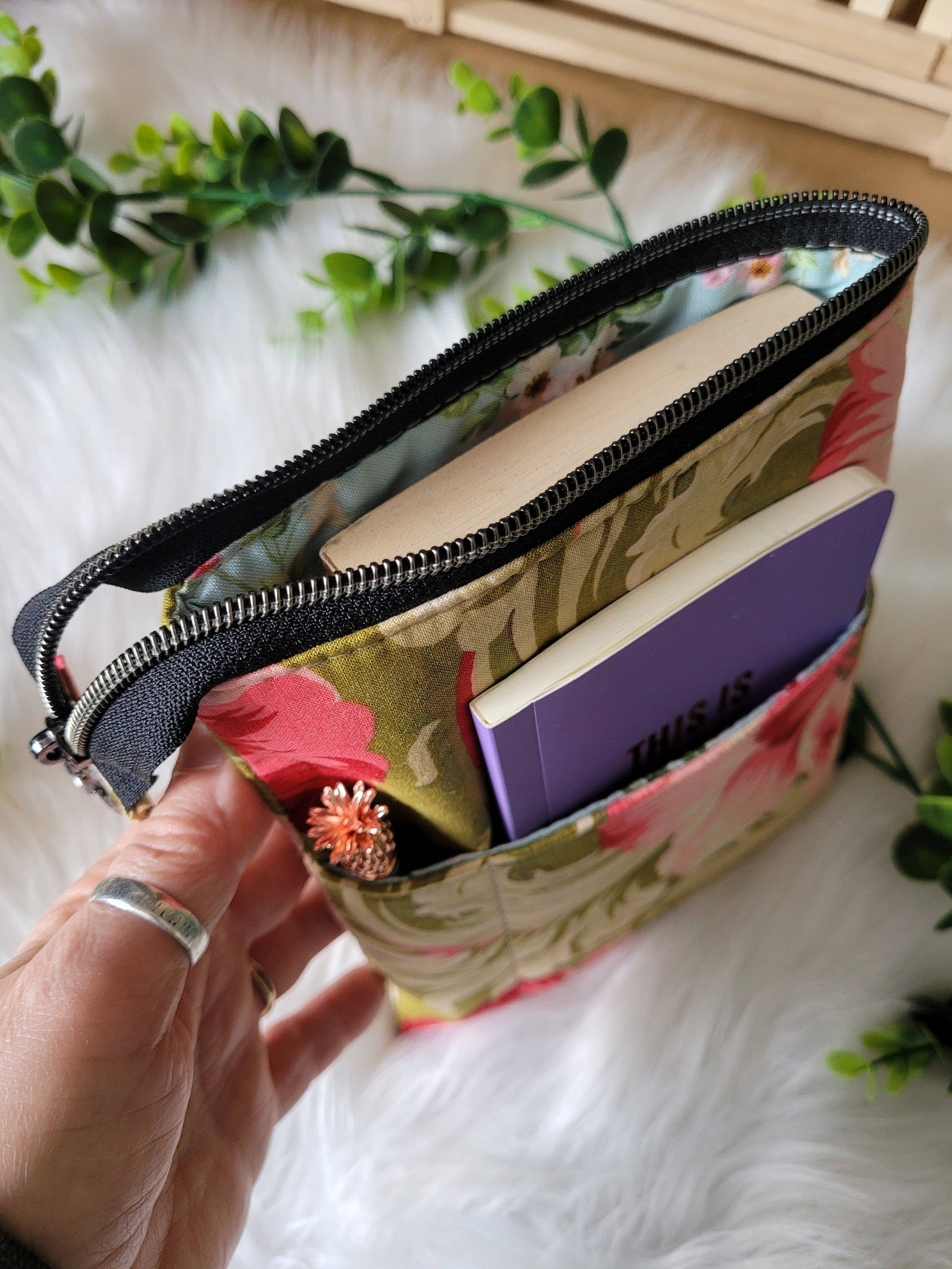 Pink peony book sleeve, small.